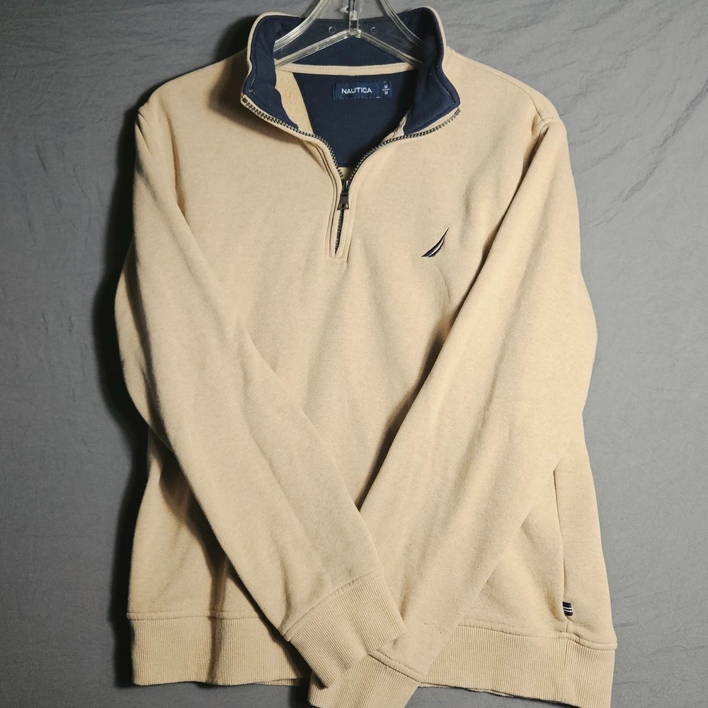 Nautica Mens M Quarter Zip Fleece Sweatshirt Tan Khaki Navy Collar Pullover